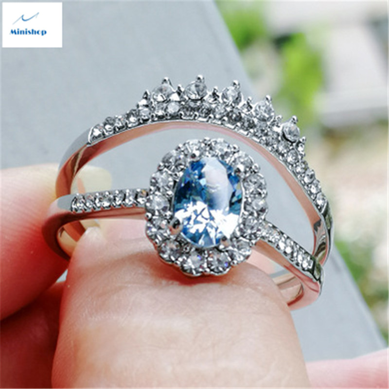 Women New Silver Oval Lake Blue Diamond Ring Fashion Ladies 2 PCS Ring Set Proposal Ring Accessories