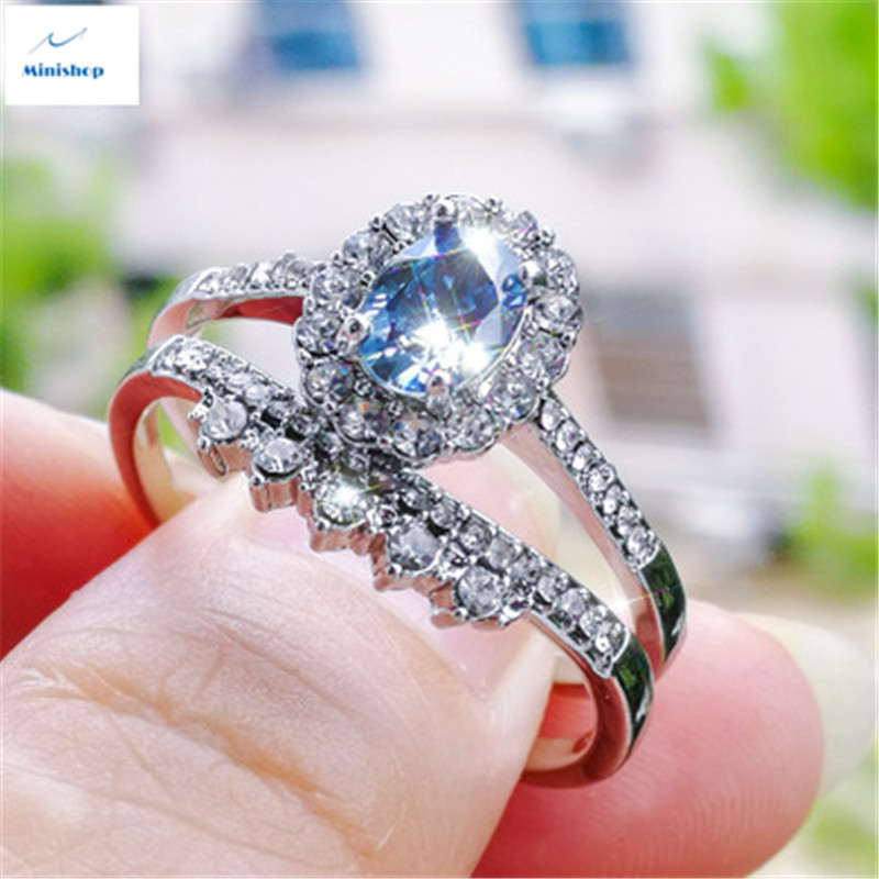 Women New Silver Oval Lake Blue Diamond Ring Fashion Ladies 2 PCS Ring Set Proposal Ring Accessories