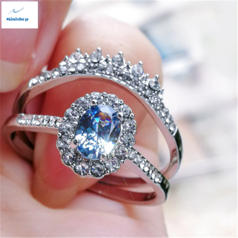 Women New Silver Oval Lake Blue Diamond Ring Fashion Ladies 2 PCS Ring Set Proposal Ring Accessories