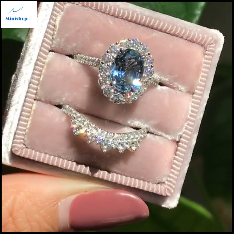Women New Silver Oval Lake Blue Diamond Ring Fashion Ladies 2 PCS Ring Set Proposal Ring Accessories
