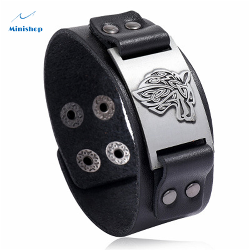 Men New Fashion Bracelet Nordic Viking Leather Bracelet with Celtic Wolf Head Jewelry Accessories