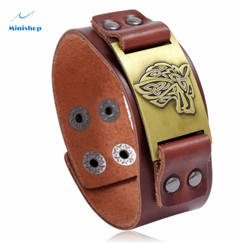 Men New Fashion Bracelet Nordic Viking Leather Bracelet with Celtic Wolf Head Jewelry Accessories