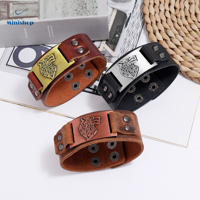 Men New Fashion Bracelet Nordic Viking Leather Bracelet with Celtic Wolf Head Jewelry Accessories