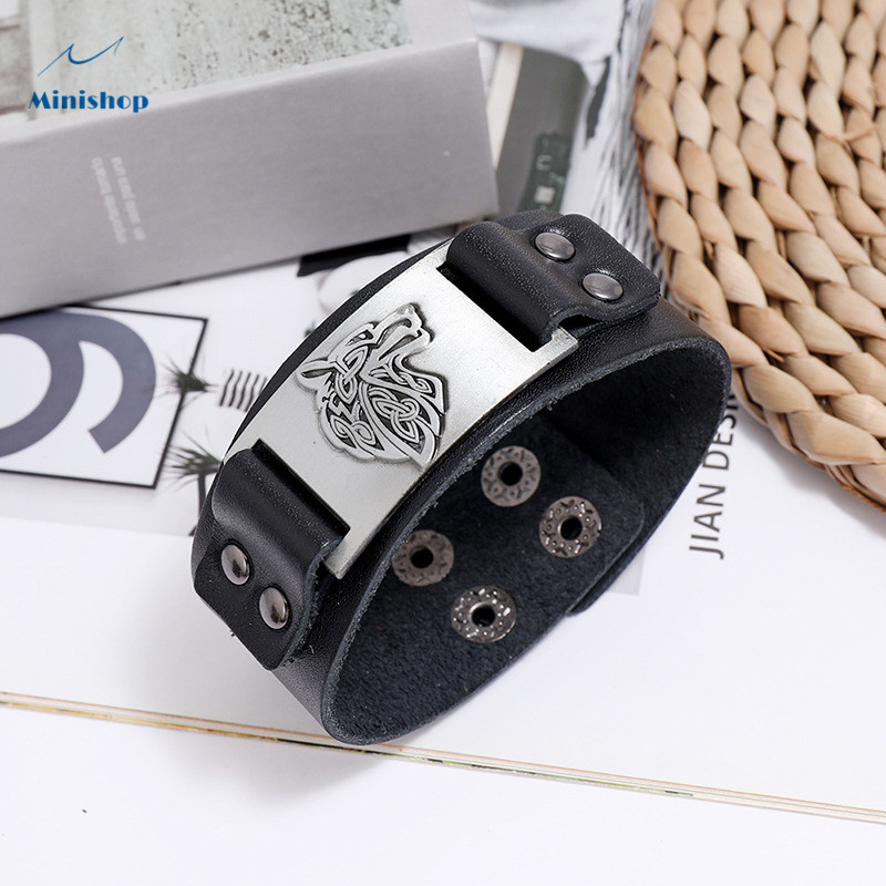 Men New Fashion Bracelet Nordic Viking Leather Bracelet with Celtic Wolf Head Jewelry Accessories