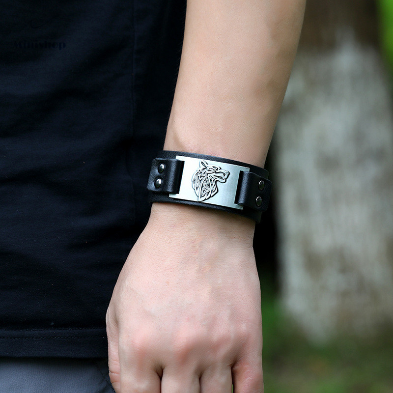 Men New Fashion Bracelet Nordic Viking Leather Bracelet with Celtic Wolf Head Jewelry Accessories
