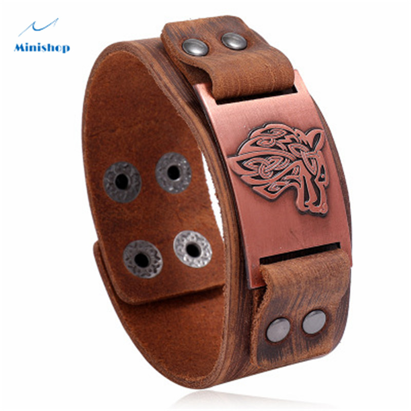 Men New Fashion Bracelet Nordic Viking Leather Bracelet with Celtic Wolf Head Jewelry Accessories