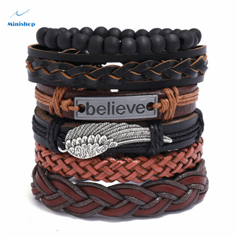 6 pcs Men Accessories Multi-layer Woven Vintage Leather Bracelet DIY Combination Believe Bracelet