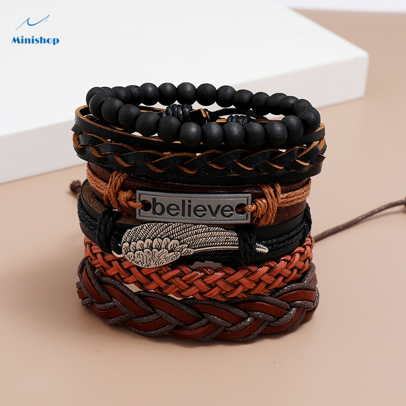6 pcs Men Accessories Multi-layer Woven Vintage Leather Bracelet DIY Combination Believe Bracelet