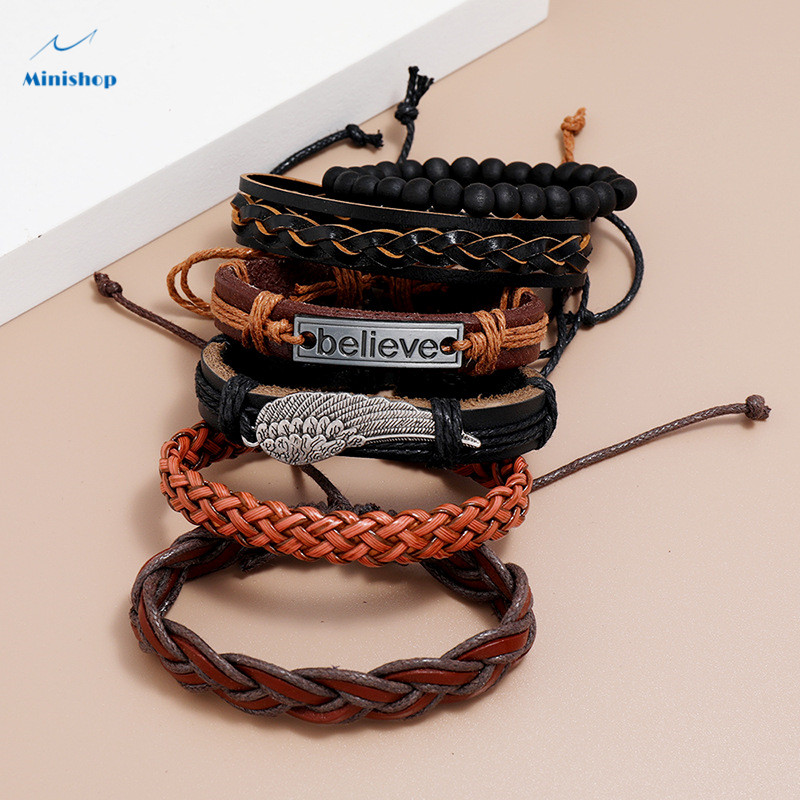 6 pcs Men Accessories Multi-layer Woven Vintage Leather Bracelet DIY Combination Believe Bracelet