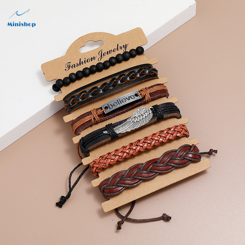 6 pcs Men Accessories Multi-layer Woven Vintage Leather Bracelet DIY Combination Believe Bracelet