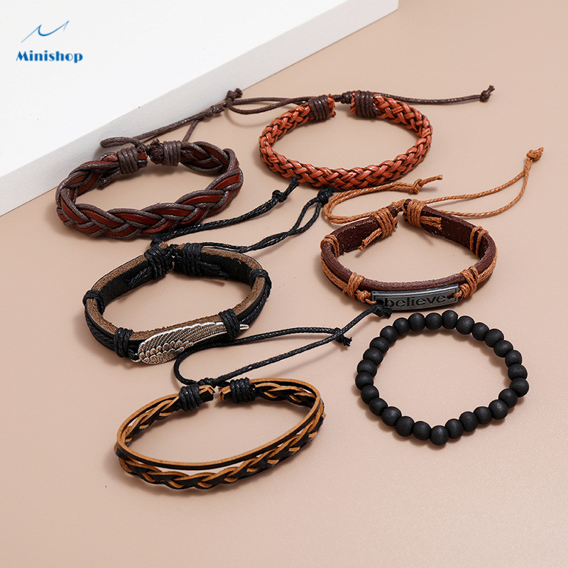6 pcs Men Accessories Multi-layer Woven Vintage Leather Bracelet DIY Combination Believe Bracelet