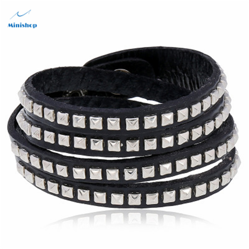 Men Punk African New Fashion 2  Double Row Nail Multi Layer Leather Bracelet Club Accessories