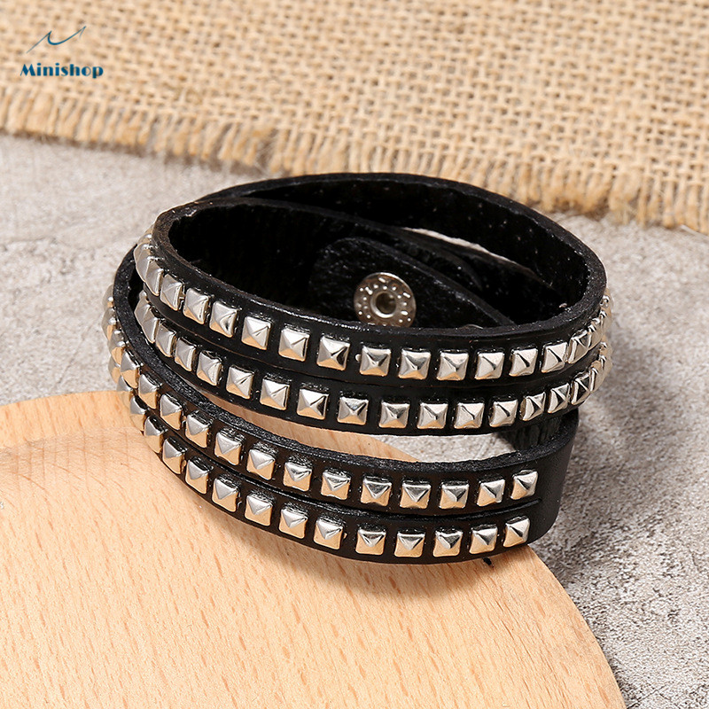 Men Punk African New Fashion 2  Double Row Nail Multi Layer Leather Bracelet Club Accessories
