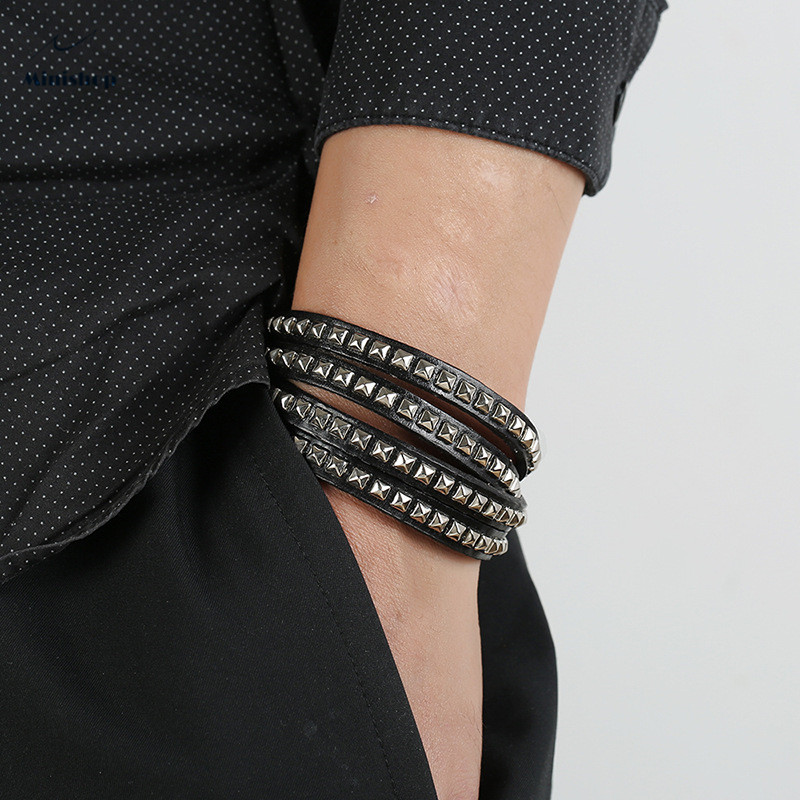 Men Punk African New Fashion 2  Double Row Nail Multi Layer Leather Bracelet Club Accessories