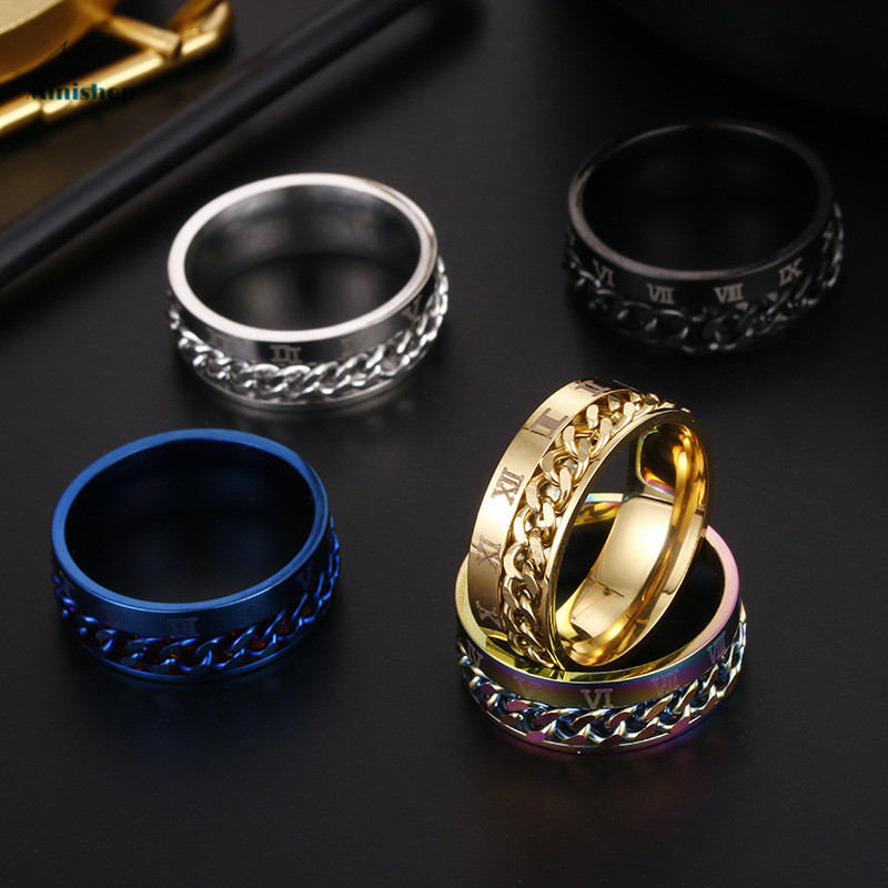 Men Roman Digital Titanium Steel Ring Rotatable Chain Ring Jewelry Hip Hop Party No Fading Ring