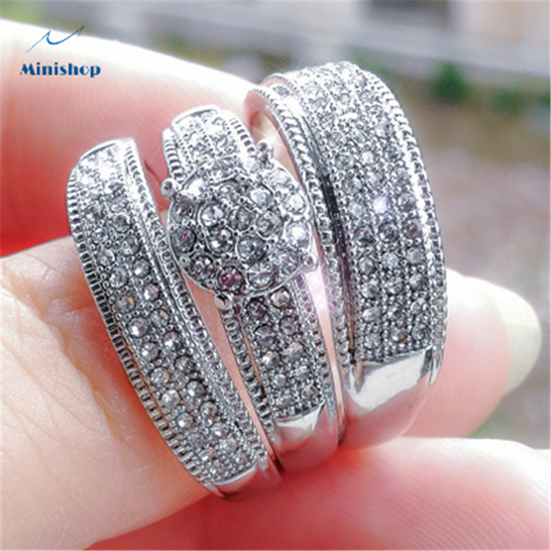 Women New Silver Round Zircon ring  Fashion Lady 3 Pieces Diamond High Grade Wedding Proposal Ring