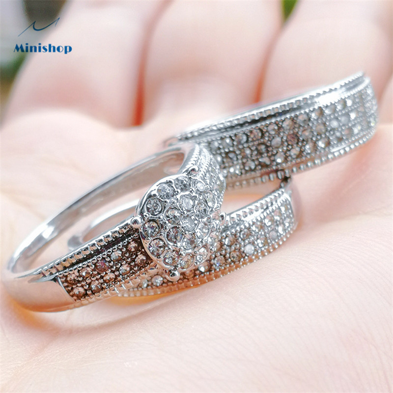 Women New Silver Round Zircon ring  Fashion Lady 3 Pieces Diamond High Grade Wedding Proposal Ring