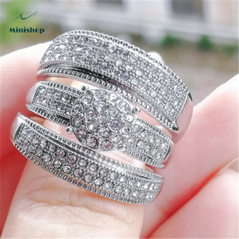 Women New Silver Round Zircon ring  Fashion Lady 3 Pieces Diamond High Grade Wedding Proposal Ring
