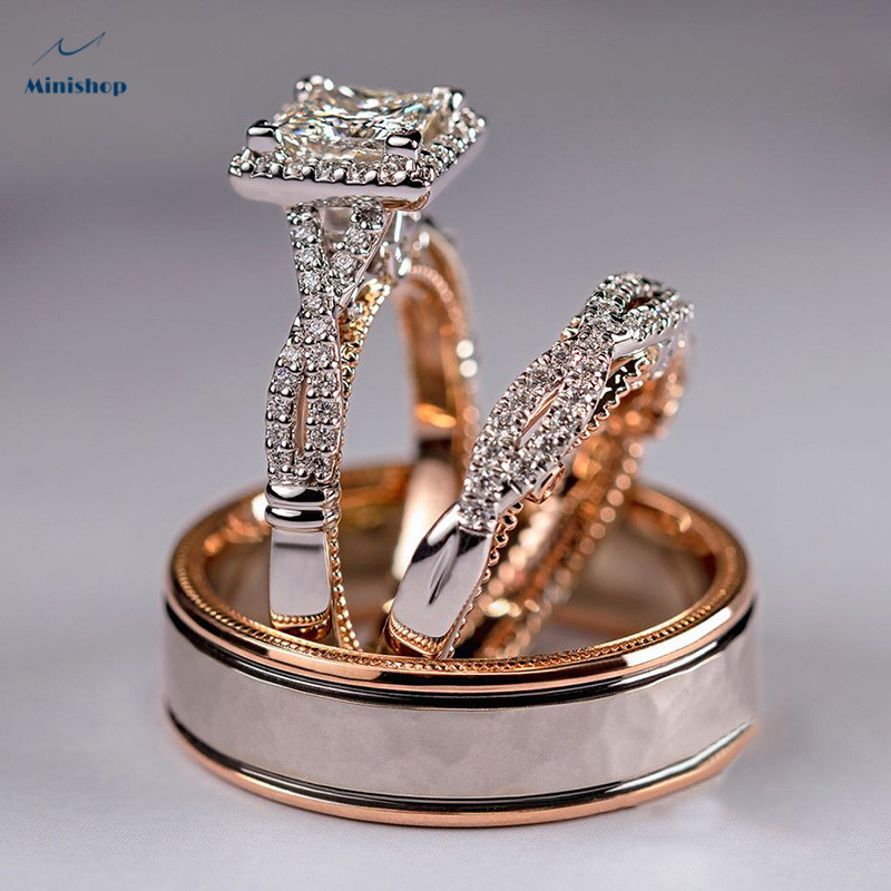 Women 3 in 1 Rose-plated Rings set Gold Sparkly Square Rings Lxury Engagement Proposal Rings