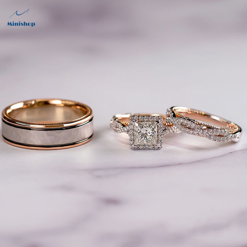 Women 3 in 1 Rose-plated Rings set Gold Sparkly Square Rings Lxury Engagement Proposal Rings