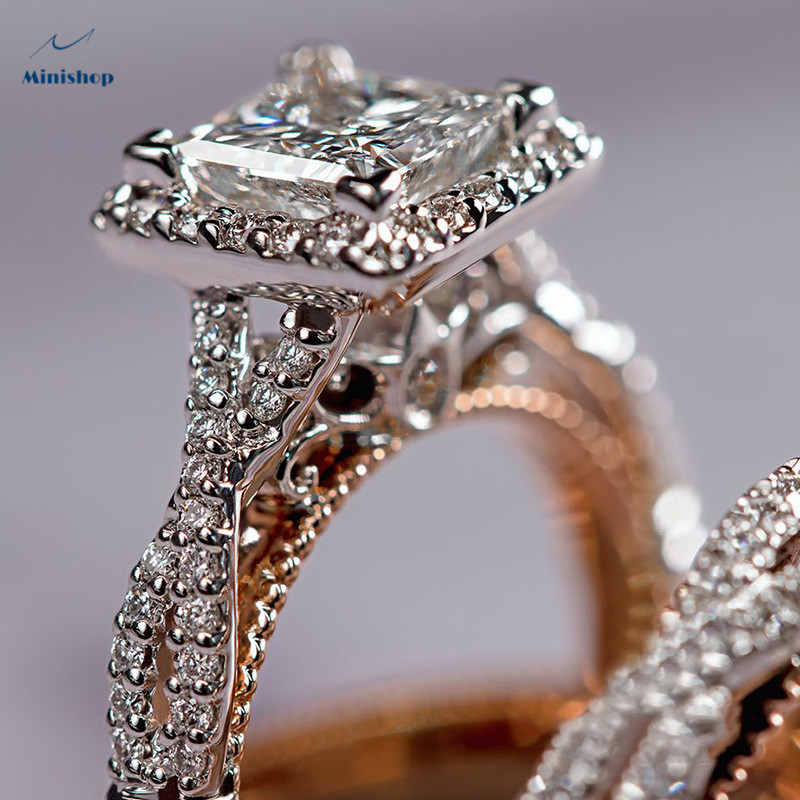 Women 3 in 1 Rose-plated Rings set Gold Sparkly Square Rings Lxury Engagement Proposal Rings