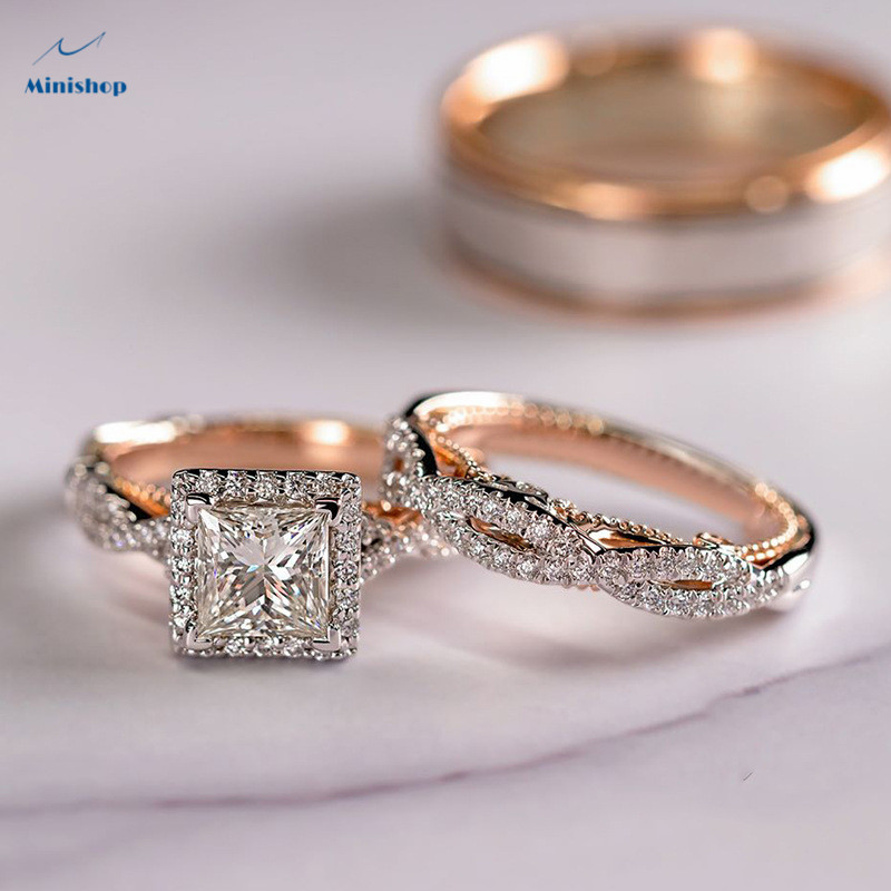 Women 3 in 1 Rose-plated Rings set Gold Sparkly Square Rings Lxury Engagement Proposal Rings