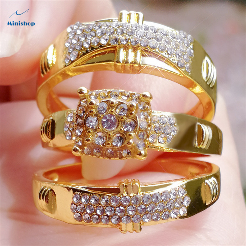 Women New Fashion gold Luxry Zircon Ring Lady 3 in one set Diamond Proposal Engaged Wedding Ring