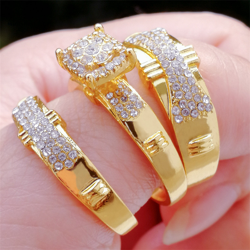 Women New Fashion gold Luxry Zircon Ring Lady 3 in one set Diamond Proposal Engaged Wedding Ring