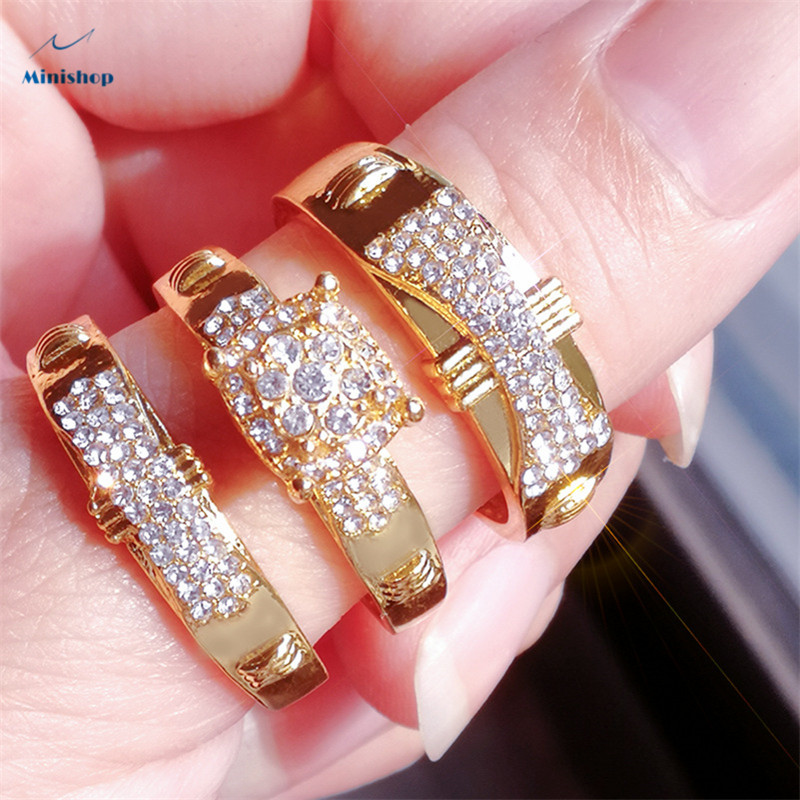 Women New Fashion gold Luxry Zircon Ring Lady 3 in one set Diamond Proposal Engaged Wedding Ring