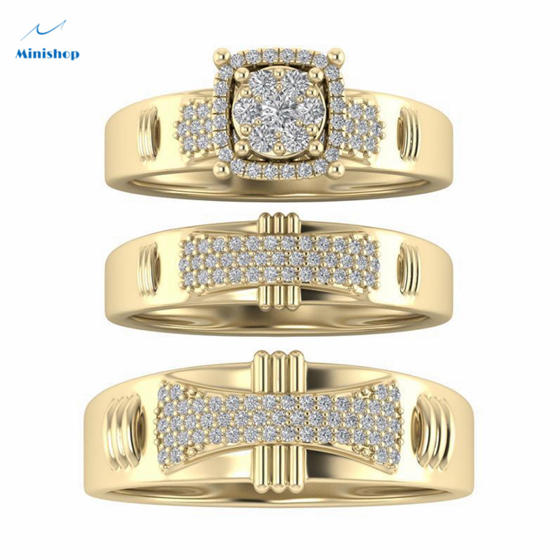 Women New Fashion gold Luxry Zircon Ring Lady 3 in one set Diamond Proposal Engaged Wedding Ring