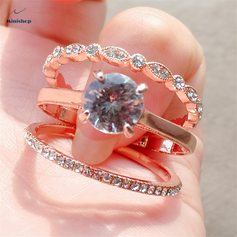 Women Luxury Fashion Ring 3 in1 New Rose-gold Oval Zircon Diamond Lace Ring Elegant Proposal Ring