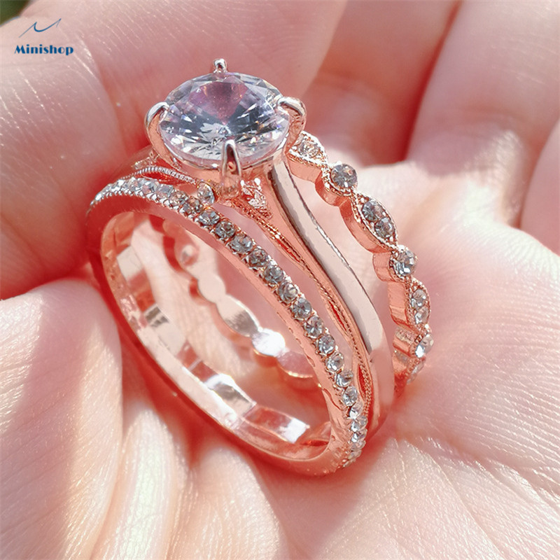 Women Luxury Fashion Ring 3 in1 New Rose-gold Oval Zircon Diamond Lace Ring Elegant Proposal Ring