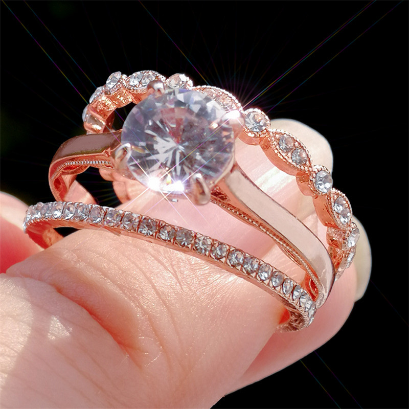 Women Luxury Fashion Ring 3 in1 New Rose-gold Oval Zircon Diamond Lace Ring Elegant Proposal Ring