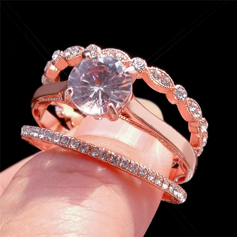 Women Luxury Fashion Ring 3 in1 New Rose-gold Oval Zircon Diamond Lace Ring Elegant Proposal Ring
