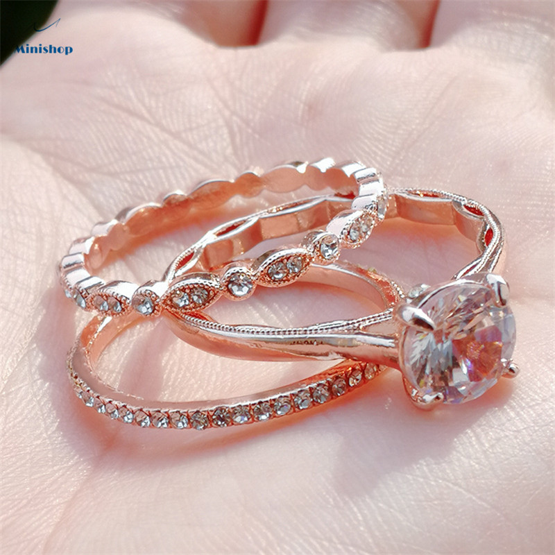 Women Luxury Fashion Ring 3 in1 New Rose-gold Oval Zircon Diamond Lace Ring Elegant Proposal Ring