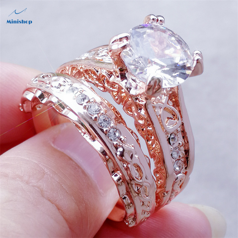 Women 2 in 1 Rose-plated Rings set Gold Sparkly Rings Lxury Engagement Proposal Rings