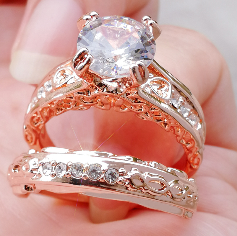 Women 2 in 1 Rose-plated Rings set Gold Sparkly Rings Lxury Engagement Proposal Rings
