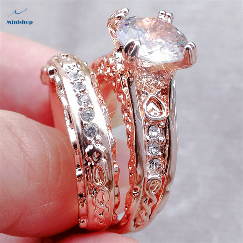 Women 2 in 1 Rose-plated Rings set Gold Sparkly Rings Lxury Engagement Proposal Rings