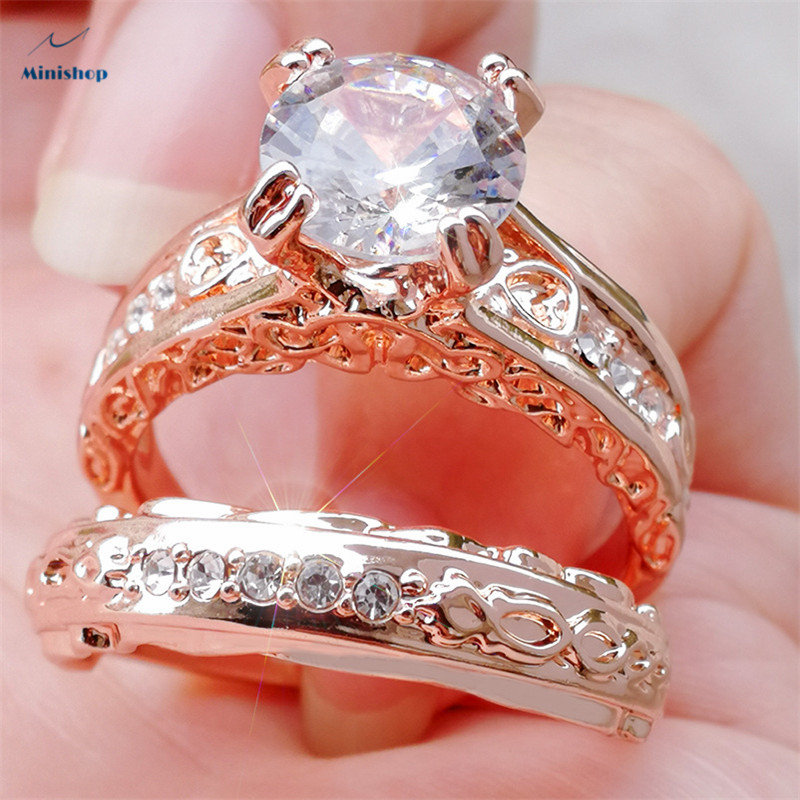 Women 2 in 1 Rose-plated Rings set Gold Sparkly Rings Lxury Engagement Proposal Rings