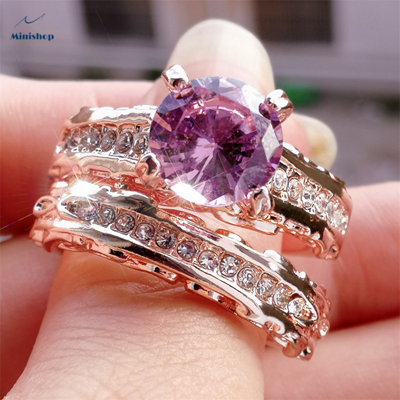 Women 2 in 1 Rose-plated Rings set Gold Sparkly Rings Lxury Engagement Proposal Rings