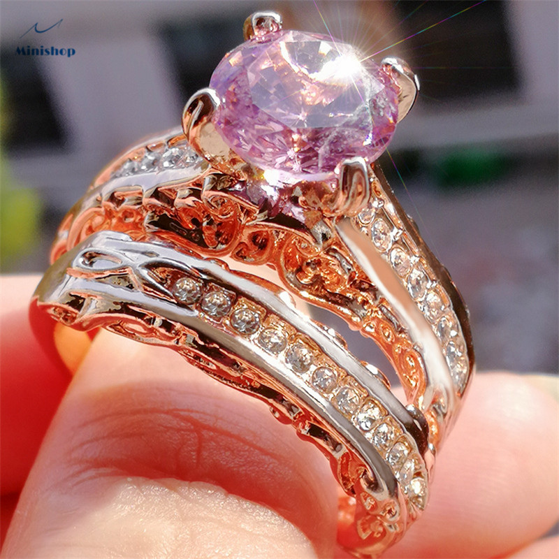 Women 2 in 1 Rose-plated Rings set Gold Sparkly Rings Lxury Engagement Proposal Rings