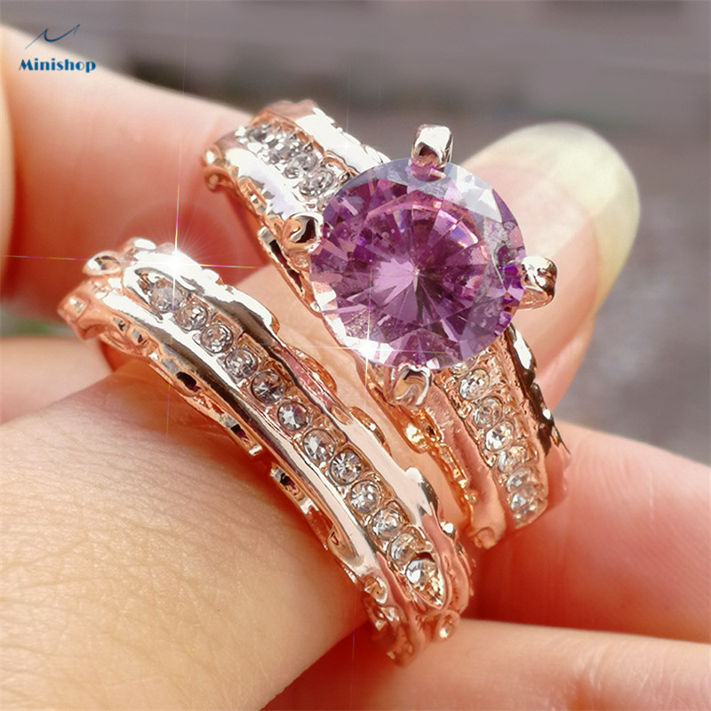 Women 2 in 1 Rose-plated Rings set Gold Sparkly Rings Lxury Engagement Proposal Rings