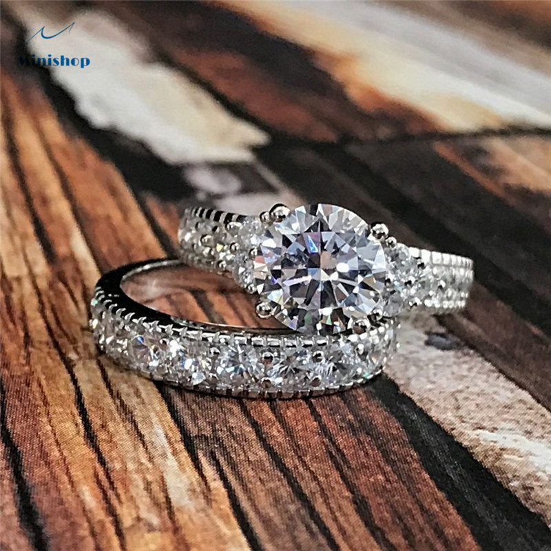 Luxury Women Diamond Wedding Ring Classic Lady Engagement Ring set Ring 2 in1 Elegant Party Ring