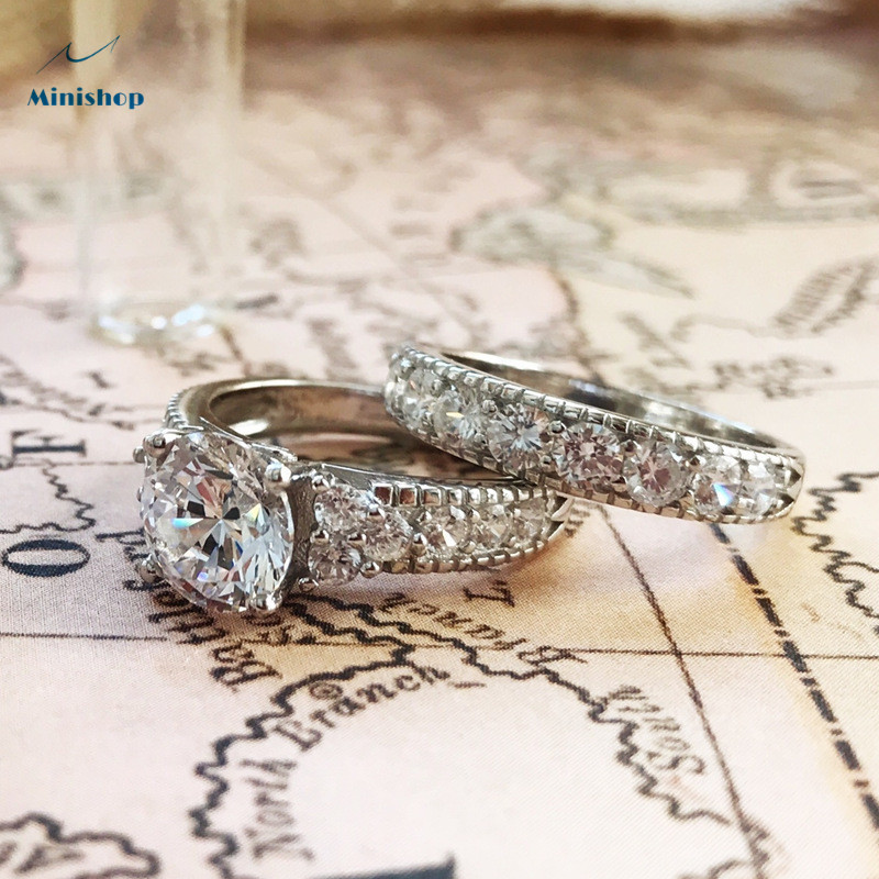 Luxury Women Diamond Wedding Ring Classic Lady Engagement Ring set Ring 2 in1 Elegant Party Ring