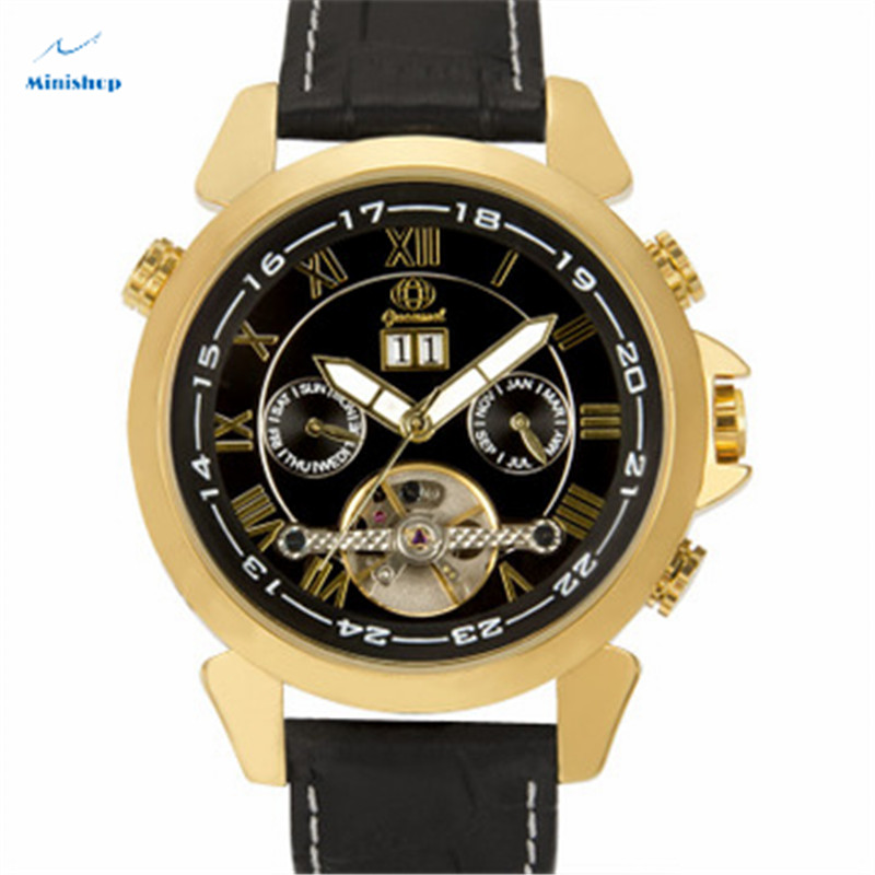 Automatic Mechanical Tourbillon Double Calendar Wristwatch Men Fashion Waterproof Leather Band Watch