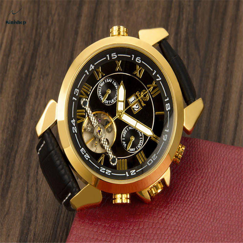 Automatic Mechanical Tourbillon Double Calendar Wristwatch Men Fashion Waterproof Leather Band Watch