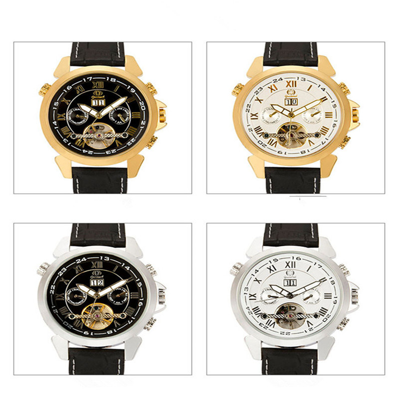 Automatic Mechanical Tourbillon Double Calendar Wristwatch Men Fashion Waterproof Leather Band Watch