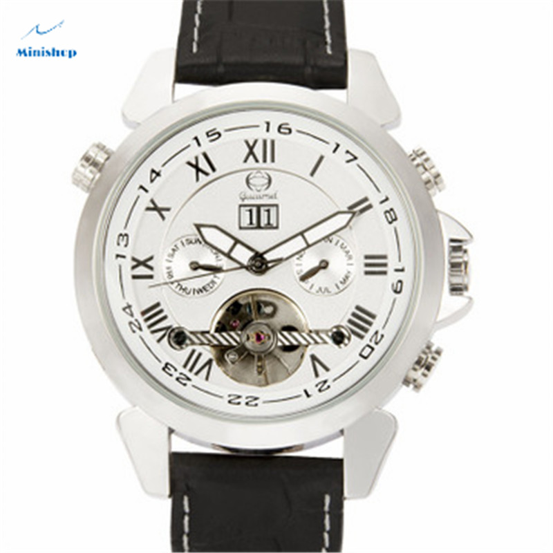 Automatic Mechanical Tourbillon Double Calendar Wristwatch Men Fashion Waterproof Leather Band Watch