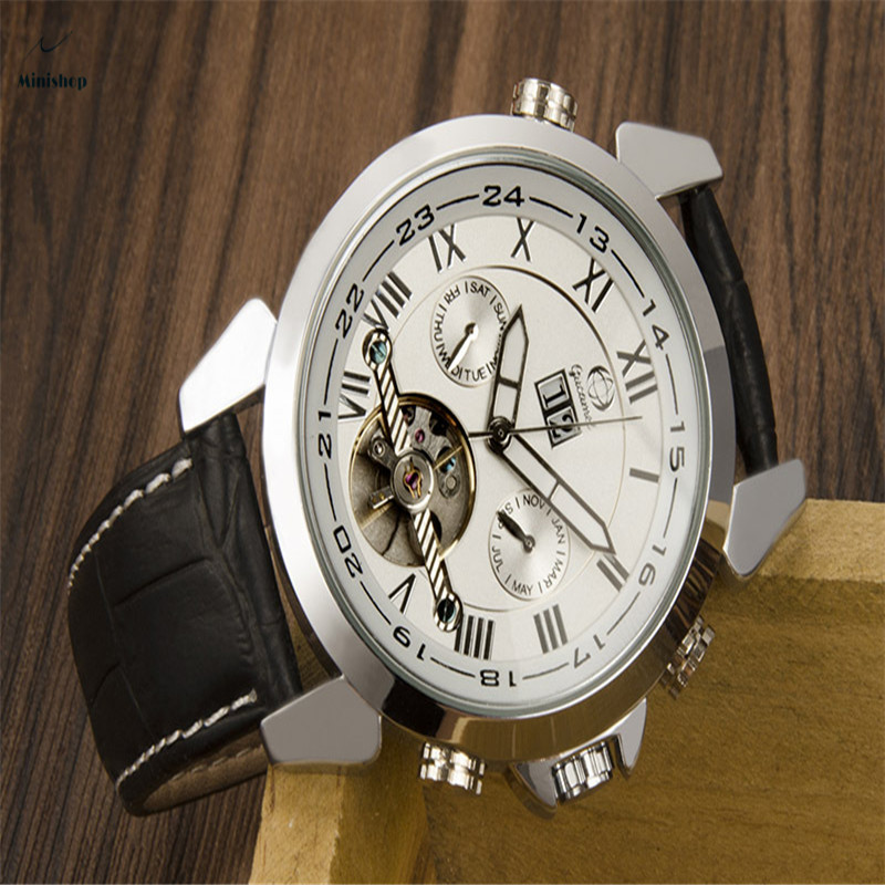 Automatic Mechanical Tourbillon Double Calendar Wristwatch Men Fashion Waterproof Leather Band Watch