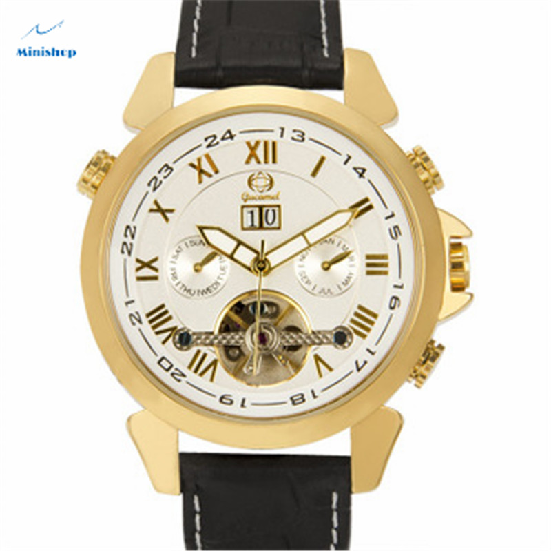 Automatic Mechanical Tourbillon Double Calendar Wristwatch Men Fashion Waterproof Leather Band Watch